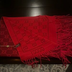 Gucci Red Monogram Fringe Scarf